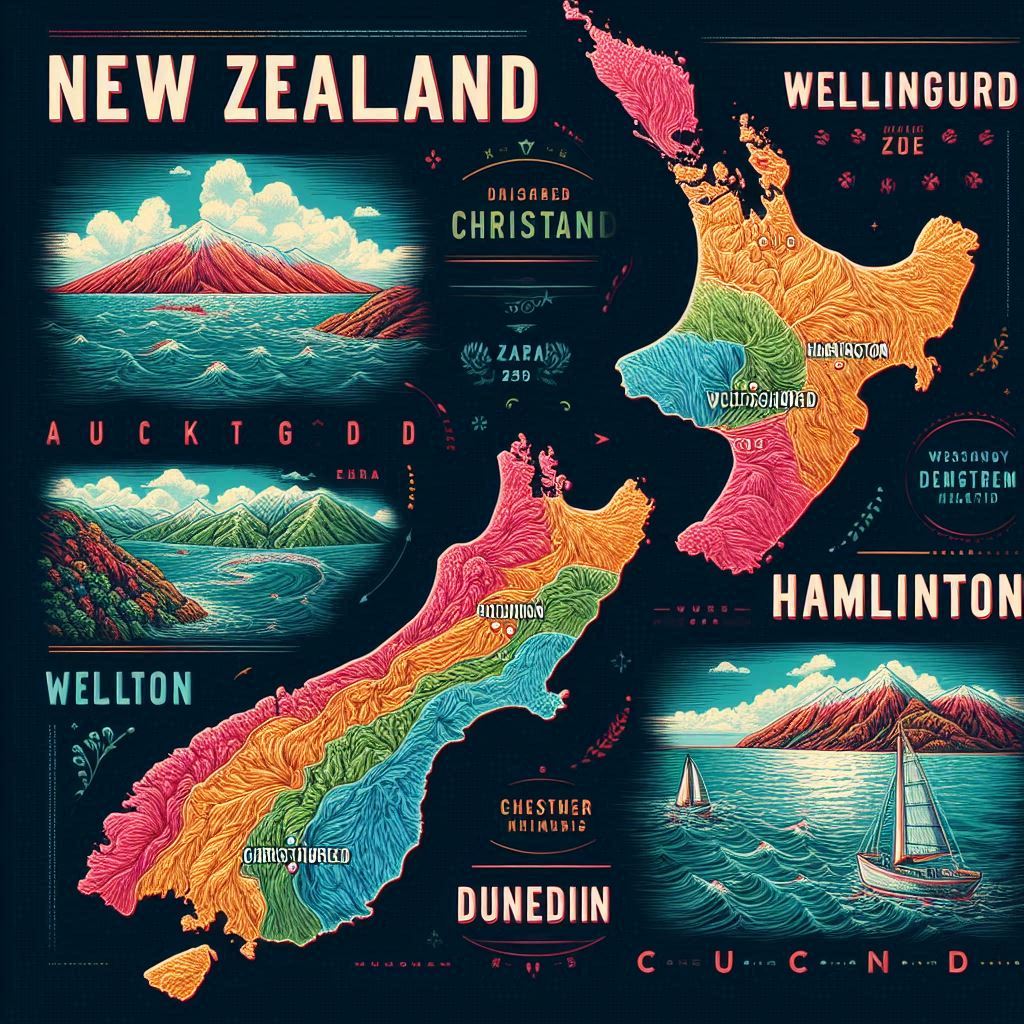 New Zealand Map then higlights , Auckland, Wellington, Christchurch, Hamilton, Dunedin